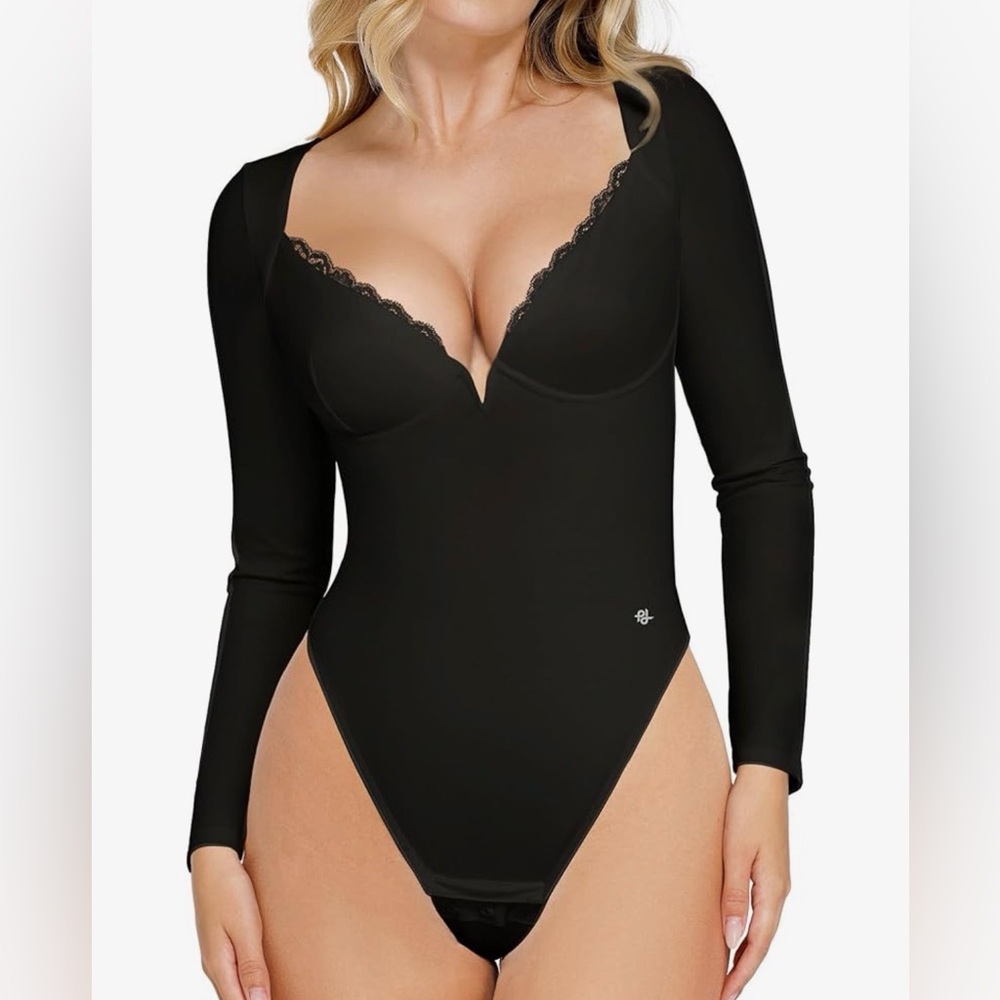 POPILUSH NWT Sleek Black Long Sleeve Shapewear Underwire Thong Bodysuit Size S